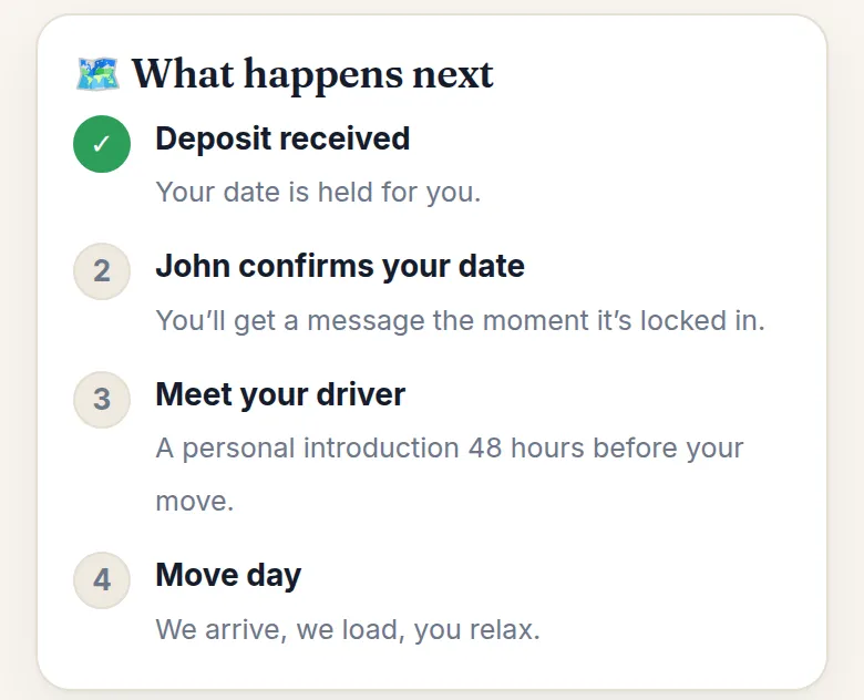 Quote page after booking: deposit received, John confirms your date, meet your driver, move day